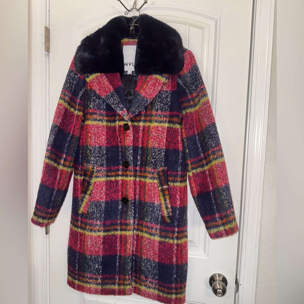 Anthropology NVLT Navy and Red Plaid Coat with Faux fur Collar new! - Picture 4 of 13